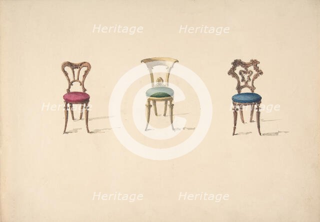 Design for Three Chairs with Red, Green and Blue Seats, early 19th century. Creator: Anon.