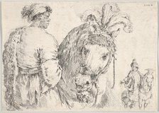 A man at left in profile giving a handful of hay to a horse at center, a horseman to t..., ca. 1662. Creator: Stefano della Bella.