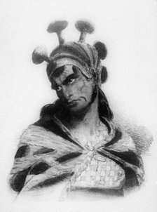 Hawaiian warrior wearing a helmet with a mushroom ornamented crest, 1819. Artist: Jacques Etienne Victor Arago