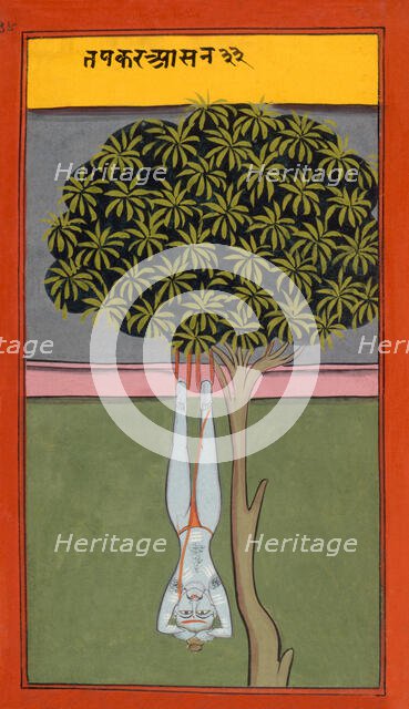 A yogi hanging by his feet from a tree, 19th century. Creator: Unknown.