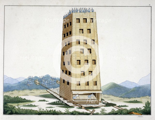 Moveable siege tower, designed after Caesar's tower at Namur, 1842. Artist: Friedrich Martin von Reibisch