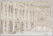 An interior with arcaded gallery and staircase,  late 17th century-mid-18th century. Creator: Ferdinando Galli Bibiena.