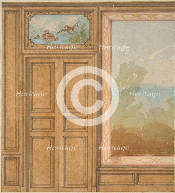 Elevation of a paneled wall with a mural or tapestry and a double doors surmounted..., 19th century. Creators: Jules-Edmond-Charles Lachaise, Eugène-Pierre Gourdet.
