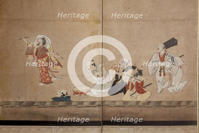 Six-fold screen depicting acrobats performing before a rich household, early - mid-17th century. Creator: Unknown.