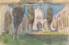 Sketchbook No. 2 - Landscape study - Moorish arcaded courtyard with cypresses..., 1893. Creator: Jan Stanislawski.