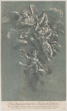 Three angels carrying Gideon's fleece; from 'Recueil d'estampes d'après les plus be..., ca. 1729-64. Creators: Caylus, Anne-Claude-Philippe de, Nicolas Le Sueur.