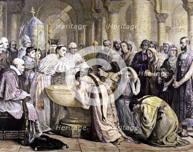 Baptism of the Moorish of Granada in 1500, copy of the painting of Edwin Long. Colored engraving …