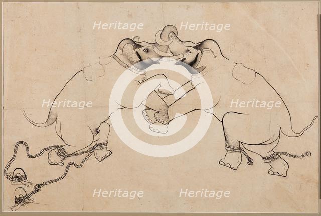 Two Elephants in Combat, early 1700s. Creator: Unknown.