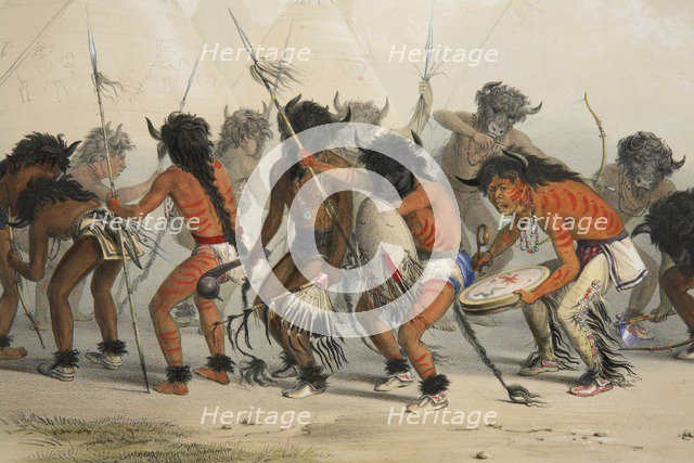 Buffalo Dance (detail), pub. 1845 (colour lithograph). Creator: George Catlin (1796 - 1872).