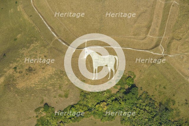 The Westbury White Horse, a chalk hill figure on Bratton Castle hillfort, Westbury, Wiltshire, 2022. Creator: Damian Grady.