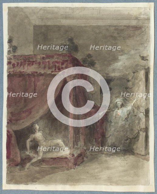 Scene with a skeleton appearing to a figure in bed, c1750s. Creator: George Dance.