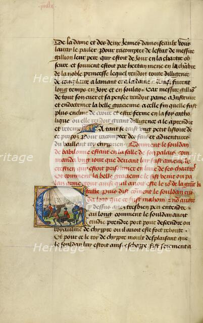 Initial C: Troops Loading Provisions onto a Ship; Roman de Gillion de Trazegnies, 1464. Creators: Lieven van Lathem, David Aubert.