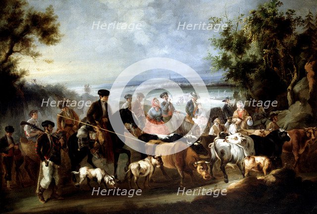 On the way to the fair', oil by Andres Cortes and Aguilar.