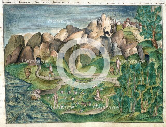 The natives of Venezuela, using gold vessels, cultivating maize and fishing, 1560-1632. Creator: Unknown.