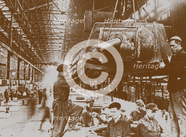Construction of the T-34 tanks at the Kirov factory in Chelyabinsk Artist: Anonymous  