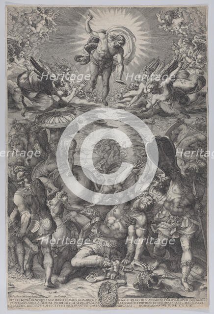 The conversion of Saul, who lies on the ground surrounded by horses and soldiers as Christ..., 1583. Creators: Pieter Perret, Mateo Pérez de Alesio.