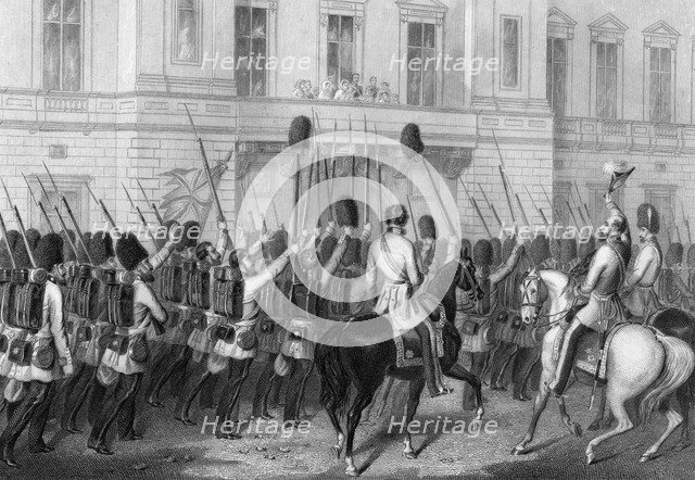 Queen Victoria receiving the Guards at Buckingham Palace, 1857. Artist: G Greatbach