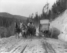 Two stagecoaches passing on mountain road, Yellowstone National Park, Wyoming, 1903. Creator: Frances Benjamin Johnston.