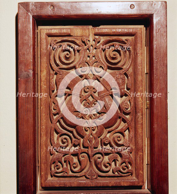 Pair of horses heads on Teak Door-Panel, Egypt, Fatimid Period, 11th century. Artist: Unknown.