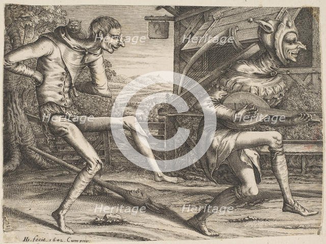 Two Fools Dancing from Two and Three Fools of the Carnival, 1642. Creator: Hendrick Hondius I.