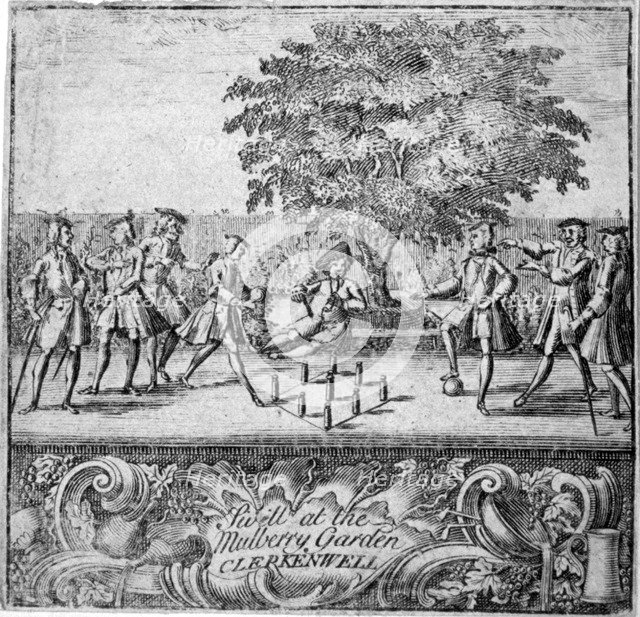 Men playing swill at Mulberry Garden, Clerkenwell, London, c1750. Artist: Anon