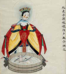 Zi Sunliang, a Chinese goddess, with two babies (?) bathing in front of her, 1800-1899. Creator: Unknown.