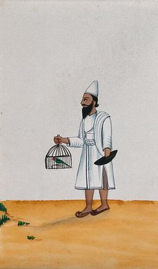 A servant holds a parrot in a cage with one hand while the other is..., (between 1800 and 1899?). Creator: Unknown.