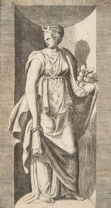 Diana holding fruit in her left hand standing within a niche, ca. 1531-76. Creator: Giulio Bonasone.