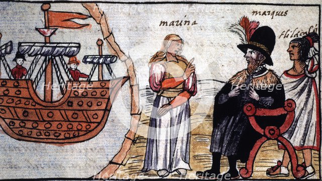  'Hernán Cortés and the Indian Marina (or Malinche)'. Durán Codex, page 202. Engraving.