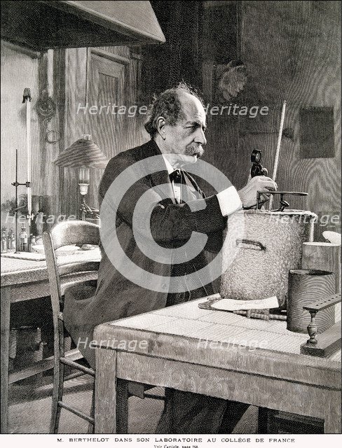 Marcelin Berthelot (1827-1907), French chemist and historian in his lab in 1901, engraving in L'I…