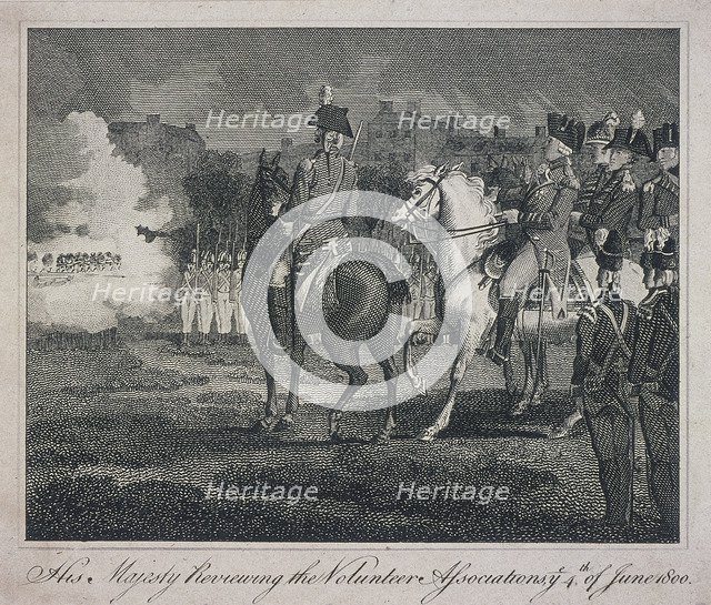 George III, on horseback, reviewing volunteers, City Road, Finsbury, Islington, London, 1800. Artist: Anon