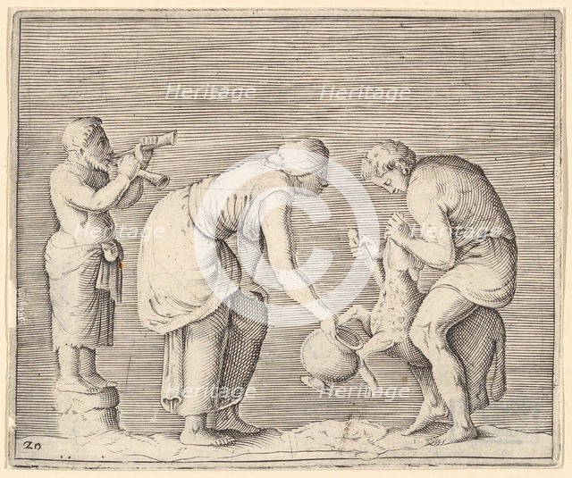 A Woman Collecting Blood from a Sheep, published ca. 1599-1622. Creator: Unknown.