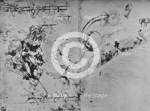 'Two Profiles and Studies of Machinery', c1480 (1945). Artist: Leonardo da Vinci.