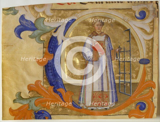 Manuscript Illumination with Saint Lawrence in an Initial C, from a Gradual, Italian, ca. 1380-90. Creator: Simone Camaldolese.