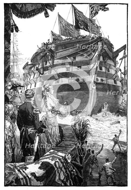 The Queen at the Launch of Trafalgar, 1841, (1900). Artist: Unknown