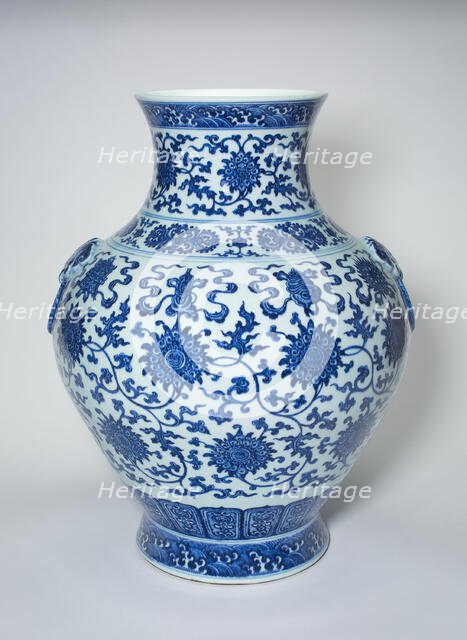 Vase with Loop Handles, Peony Scrolls, Eight Buddhist..., Qing dynasty, Qianlong reign(1736-1795). Creator: Unknown.