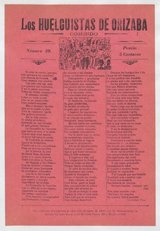 Broadsheet relating to a workers' strike in Orizaba, workers holding up the Me..., 1920 (published). Creator: José Guadalupe Posada.