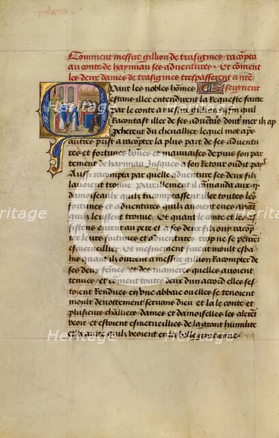 Initial Q: Gillion's Wives Marie and Gracienne during Mass at the Abbey of Olive, 1464. Creators: Lieven van Lathem, David Aubert.