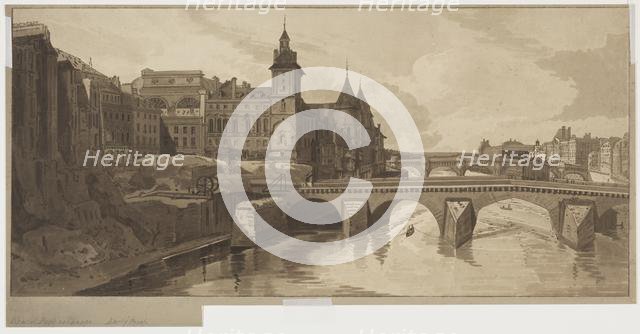 Selection of Twenty of the Most Picturesque Views in Paris:View of Pont au Change, 1802. Creator: Thomas Girtin (British, 1775-1802); Frederick Christian Lewis (British, 1779-1856).