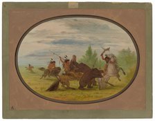 K'nisteneux Indians Attacking Two Grizzly Bears, 1861/1869. Creator: George Catlin.