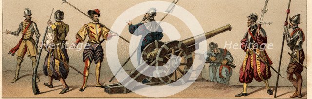 Archebusiers, artillerymen, landsknechts and pikeman of the time of Henry II of France, 1559-1572.