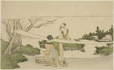 Two women stretching cloth, Japan, c. 1797/98. Creator: Hokusai.
