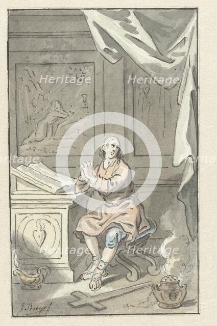 Sitting man with folded hands, before a Bible, c.1734-c.1801. Creator: Jacobus Buys.