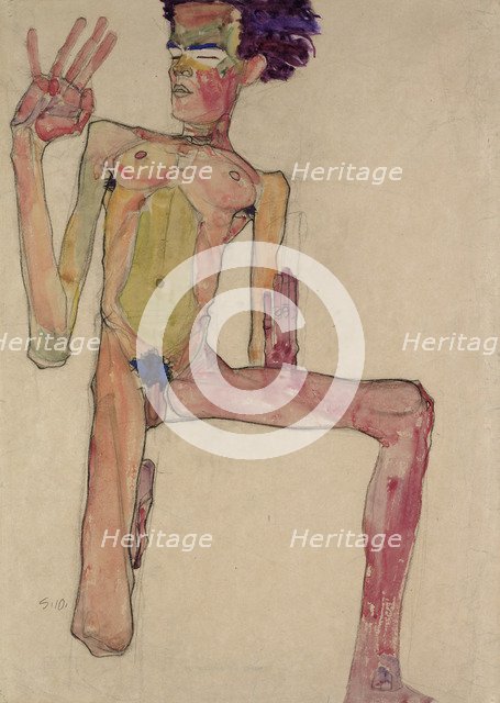 Kneeling Nude with Raised Hands (Self-Portrait).