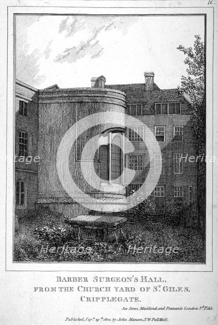 Barber Surgeons' Hall , Monkwell Street, City of London, 1800                                        Artist: Anon