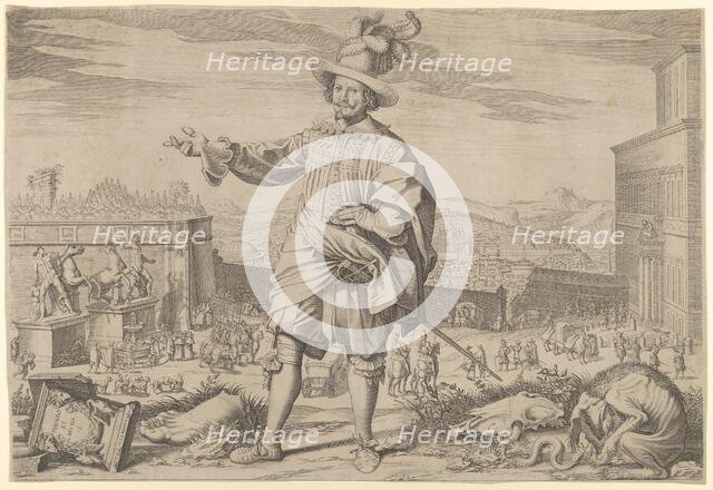 Portrait of Ioannes Altus (Johann Alten), of the Swiss Guard, standing by the Quirinal and..., 1623. Creator: Francesco Villamena.