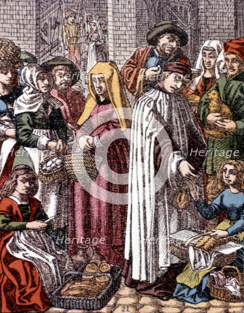 Medieval life, the market in late 1400, in an engraving by Hotteroth, 1870.