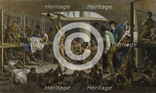 Slaves in the cellar of a slave boat, c. 1830.