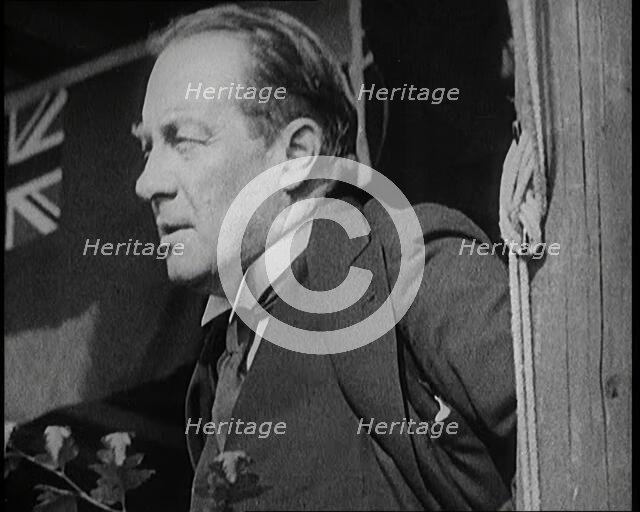 British President of the Board of Trade Stanley Baldwin Giving a Speech from a Platform in..., 1922. Creator: British Pathe Ltd.