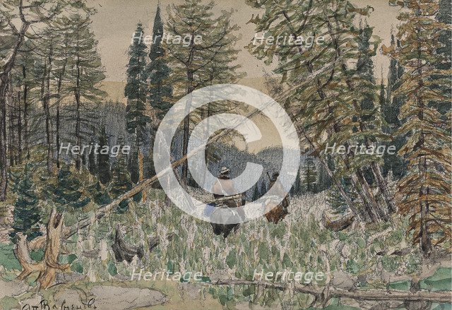 Hunters on horseback in a pine forest. Artist: Vasnetsov, Appolinari Mikhaylovich (1856-1933)
